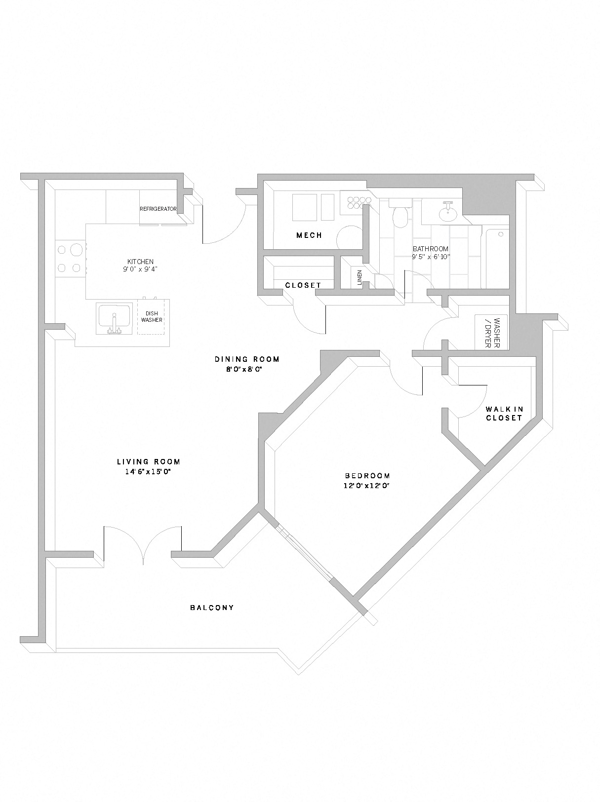 Floor plan for 1 bed, 1 bath, 825 sqft